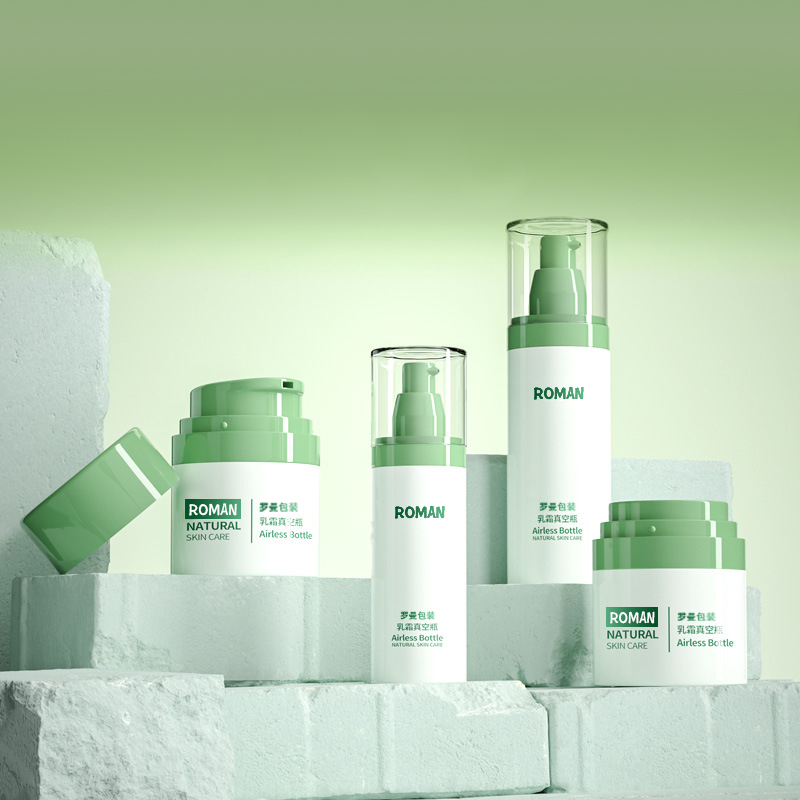 Műanyag kozmetikai csomagolású arcápoló krém flakon 30 ml 50 ml 80 ml zöld levegőmentes pumpás flakon készlet galvanizálással öregedésgátló szérum palackhoz