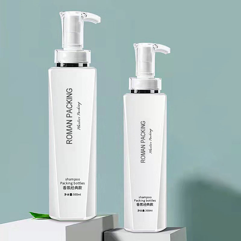 Luxus fehér 300 ml 500 ml hosszú és vékony lotion pumpás sampon flakon tusfürdő tusfürdő testmosó csomagolás arany pumpával