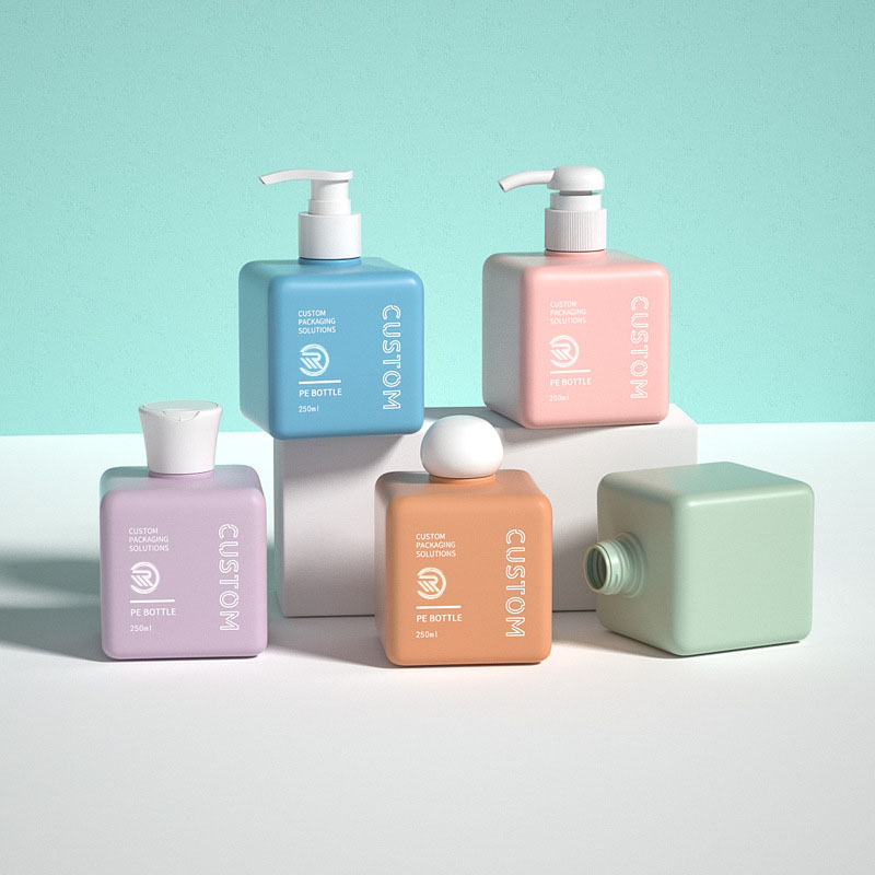 Népszerű újrahasznosított PET műanyag négyzet alakú bőrápoló sampon testvajas olajos palackok 150 ml-es 200 ml-es 250 ml-es méretek szitanyomással